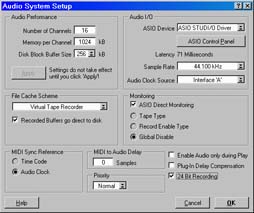 Cubase VST/24 Audio System Setup Window for 24-bit recording.  (CLICK FOR HIGH RESOLUTION VIEW)