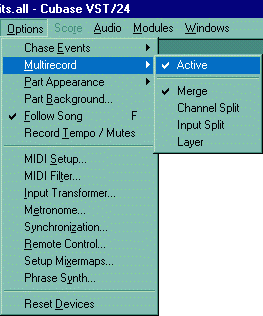 Cubase VST/24 Multirecord Menu